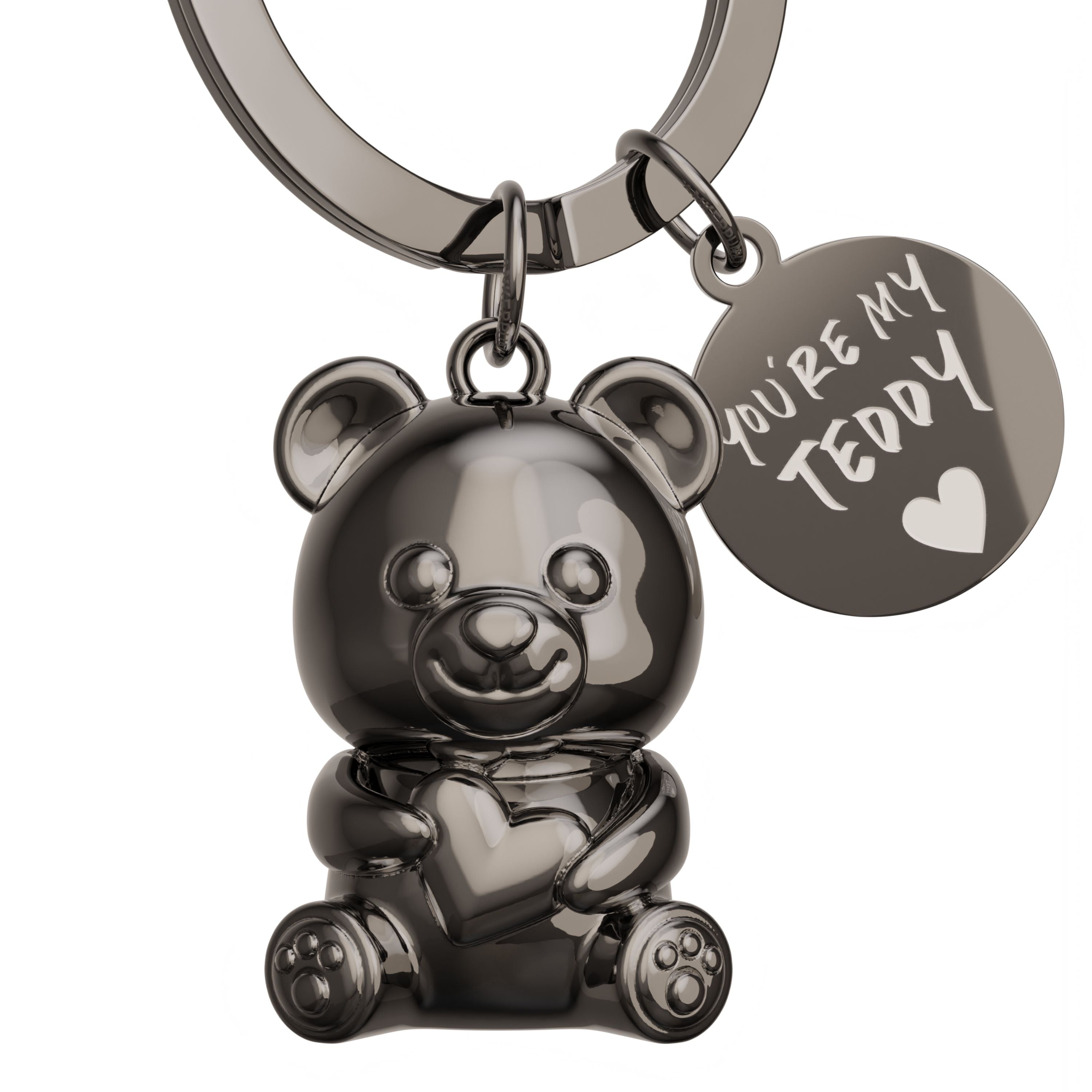 Teddybär Schlüsselanhänger in schwarz glänzend mit Anhängerplättchen mit Gravur "You're my Teddy"