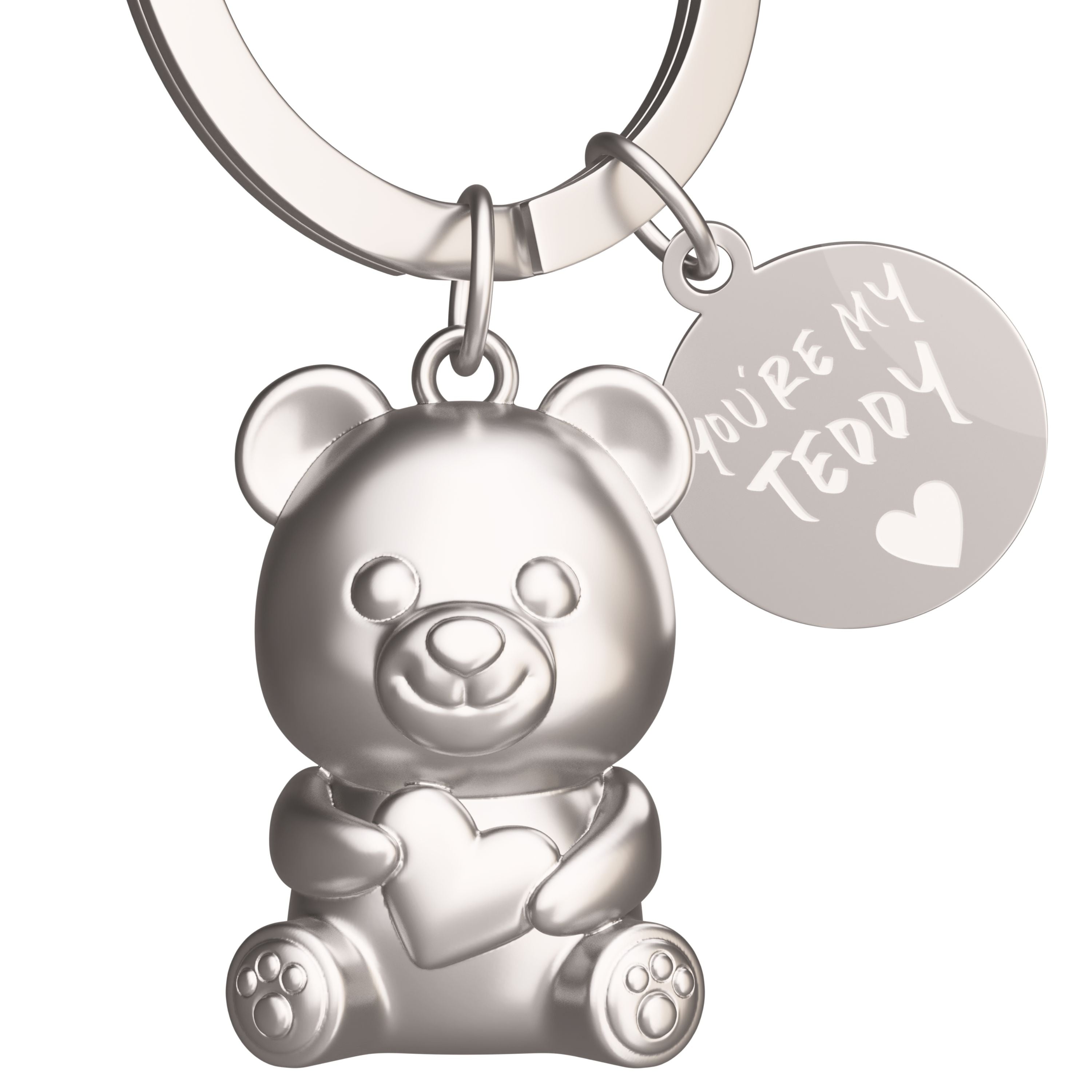 Teddybär Schlüsselanhänger in silbermatt mit Anhängerplättchen mit Gravur "You're my Teddy"